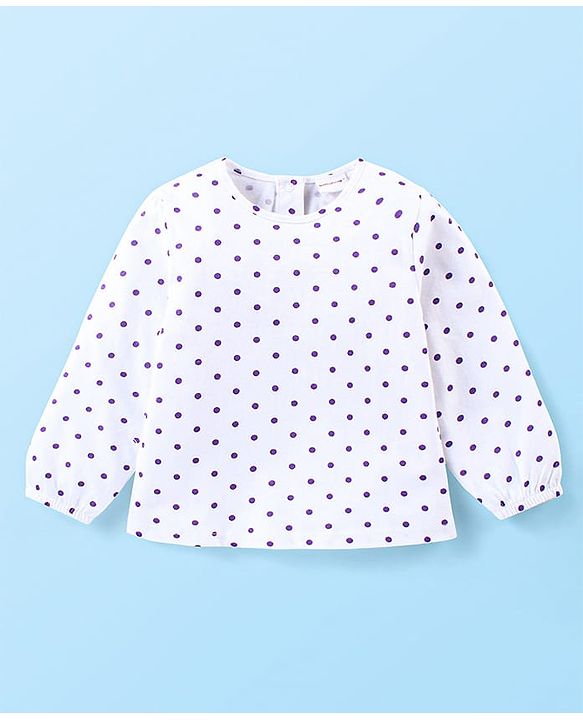 Babyhug Cotton Knit Full Sleeves Polka Doted Top with Floral Printed Dungaree - White & Purple