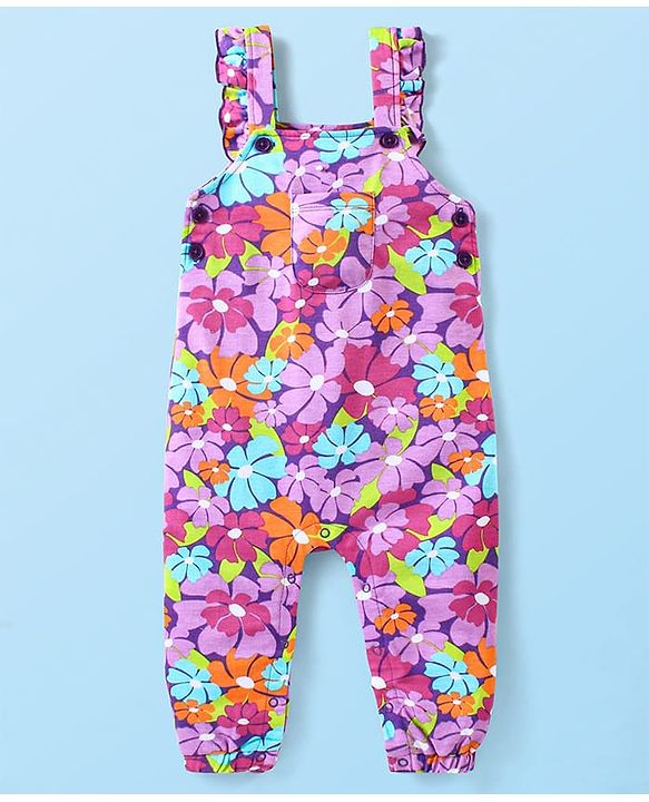 Babyhug Cotton Knit Full Sleeves Polka Doted Top with Floral Printed Dungaree - White & Purple