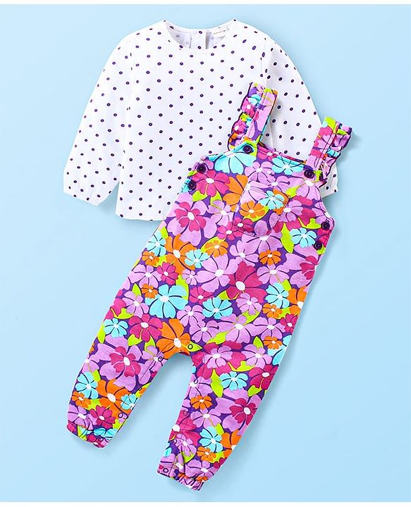 Babyhug Cotton Knit Full Sleeves Polka Doted Top with Floral Printed Dungaree - White & Purple