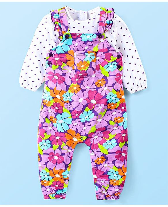 Babyhug Cotton Knit Full Sleeves Polka Doted Top with Floral Printed Dungaree - White & Purple