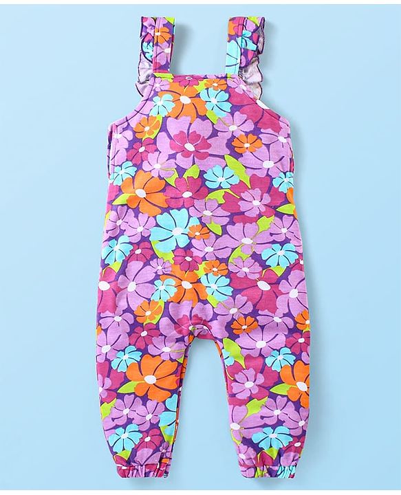 Babyhug Cotton Knit Full Sleeves Polka Doted Top with Floral Printed Dungaree - White & Purple