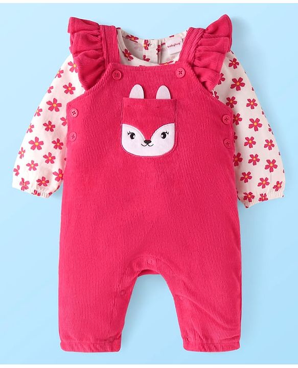 Babyhug Single Jersey Knit Dungaree & Full Sleeves Floral Printed T-Shirt - Dark Pink & White