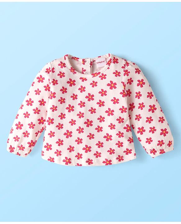 Babyhug Single Jersey Knit Dungaree & Full Sleeves Floral Printed T-Shirt - Dark Pink & White