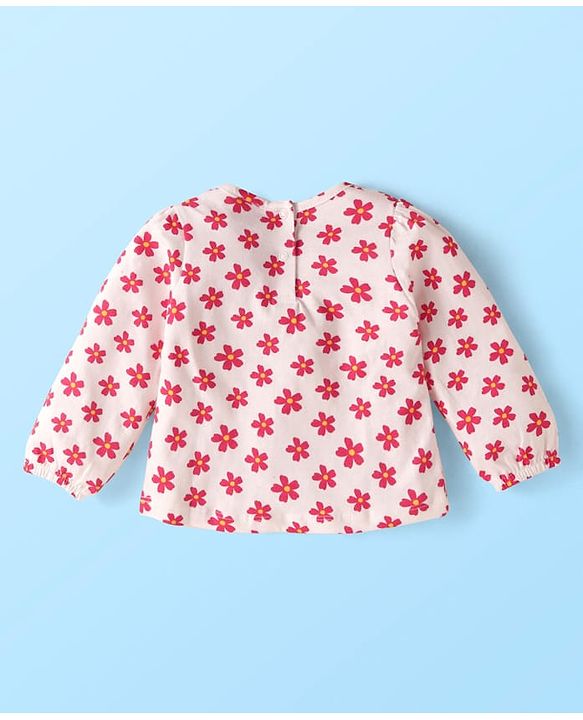 Babyhug Single Jersey Knit Dungaree & Full Sleeves Floral Printed T-Shirt - Dark Pink & White