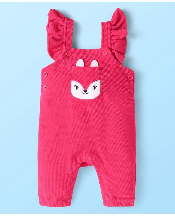 Babyhug Single Jersey Knit Dungaree & Full Sleeves Floral Printed T-Shirt - Dark Pink & White