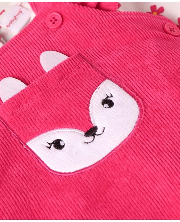 Babyhug Single Jersey Knit Dungaree & Full Sleeves Floral Printed T-Shirt - Dark Pink & White
