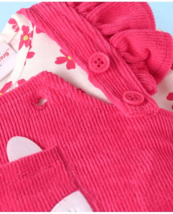 Babyhug Single Jersey Knit Dungaree & Full Sleeves Floral Printed T-Shirt - Dark Pink & White