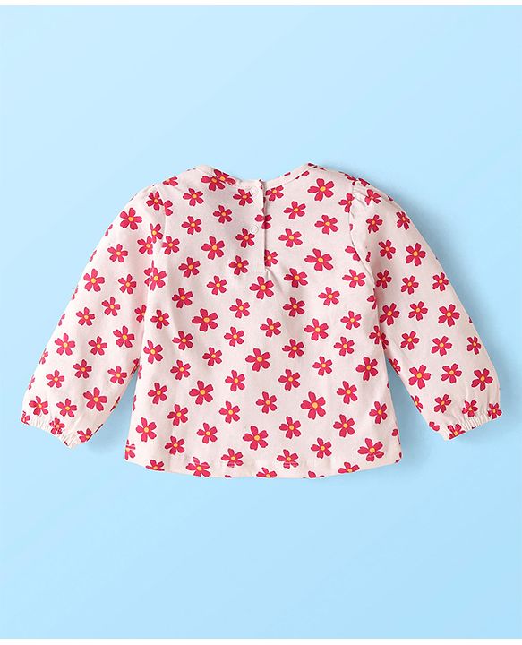 Babyhug Single Jersey Knit Dungaree & Full Sleeves Floral Printed T-Shirt - Dark Pink & White