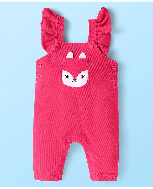 Babyhug Single Jersey Knit Dungaree & Full Sleeves Floral Printed T-Shirt - Dark Pink & White