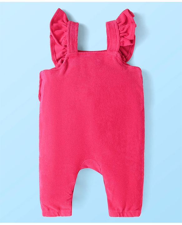 Babyhug Single Jersey Knit Dungaree & Full Sleeves Floral Printed T-Shirt - Dark Pink & White