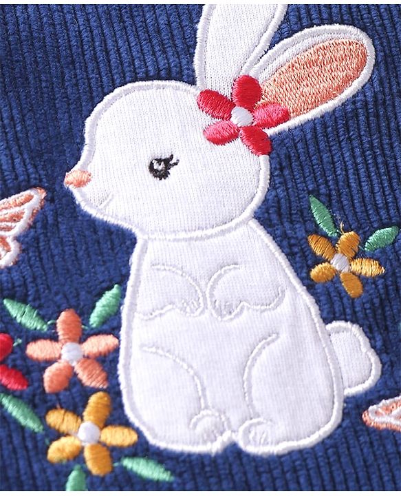 Babyhug Single Jersey Knit Dungaree & T-Shirt With Floral & Animal Embroidery - Pink & Navy