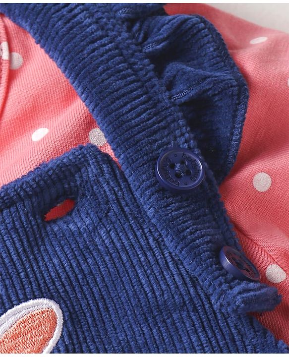 Babyhug Single Jersey Knit Dungaree & T-Shirt With Floral & Animal Embroidery - Pink & Navy