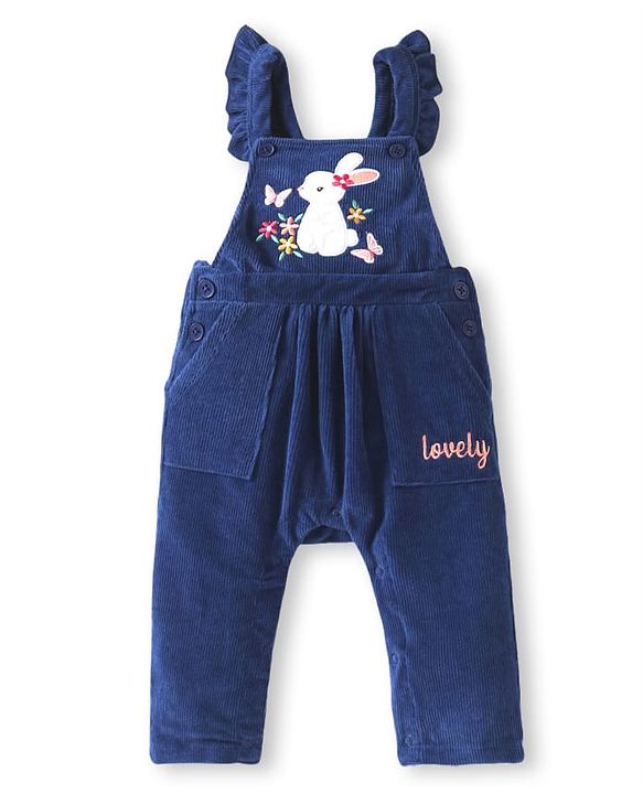 Babyhug Single Jersey Knit Dungaree & T-Shirt With Floral & Animal Embroidery - Pink & Navy