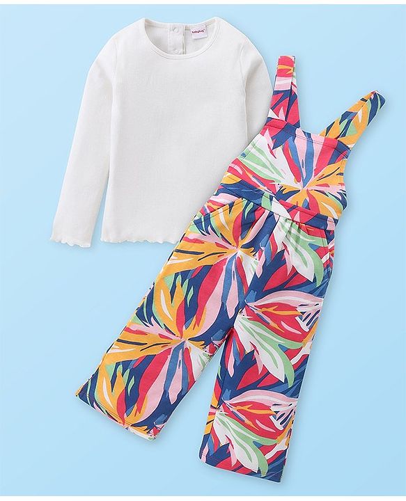 Babyhug Single Jersey Knit Full Sleeves Solid T-Shirt and Dungaree Set Floral Print - Blue Yellow & White