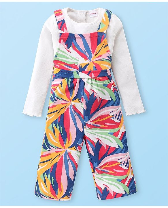 Babyhug Single Jersey Knit Full Sleeves Solid T-Shirt and Dungaree Set Floral Print - Blue Yellow & White
