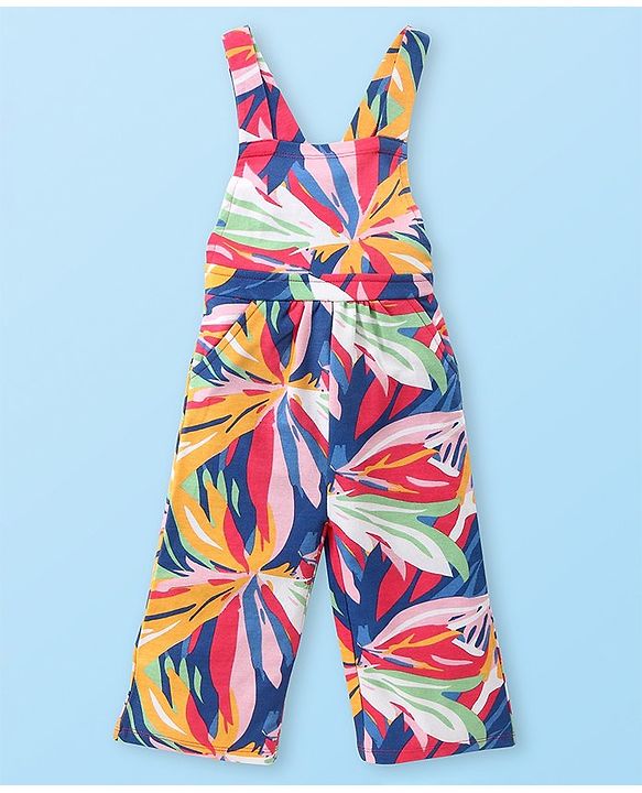 Babyhug Single Jersey Knit Full Sleeves Solid T-Shirt and Dungaree Set Floral Print - Blue Yellow & White
