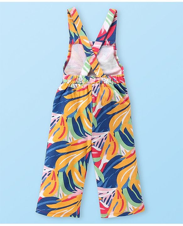 Babyhug Single Jersey Knit Full Sleeves Solid T-Shirt and Dungaree Set Floral Print - Blue Yellow & White
