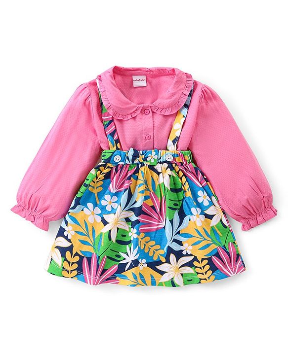 Babyhug Single Jersey Knit Full Sleeves Solid Colour Peter Pan Collared Top & Floral Printed Skirt - Pink & Blue
