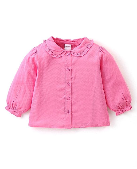 Babyhug Single Jersey Knit Full Sleeves Solid Colour Peter Pan Collared Top & Floral Printed Skirt - Pink & Blue
