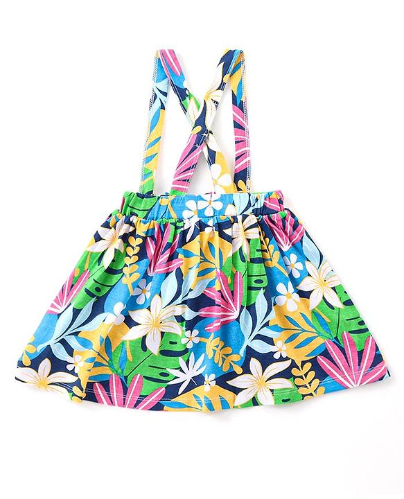 Babyhug Single Jersey Knit Full Sleeves Solid Colour Peter Pan Collared Top & Floral Printed Skirt - Pink & Blue