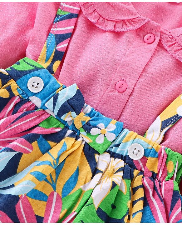Babyhug Single Jersey Knit Full Sleeves Solid Colour Peter Pan Collared Top & Floral Printed Skirt - Pink & Blue