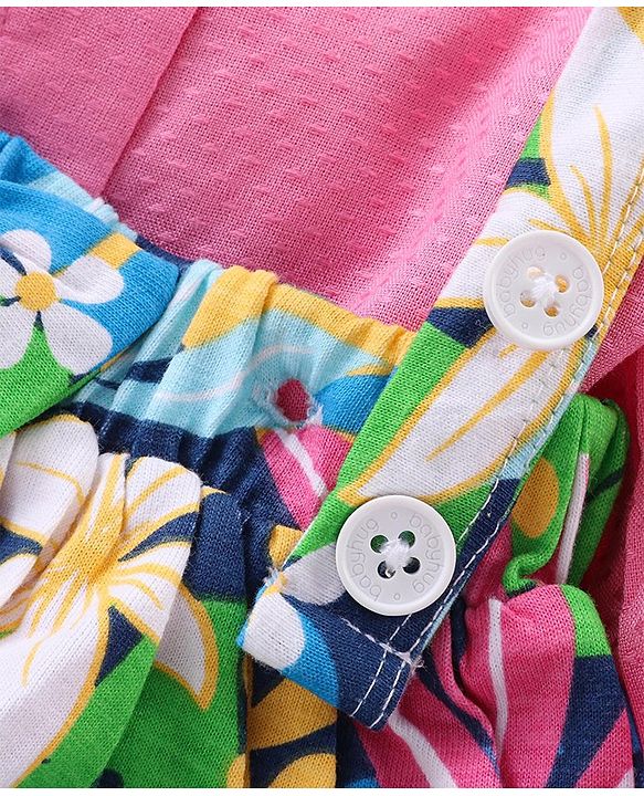 Babyhug Single Jersey Knit Full Sleeves Solid Colour Peter Pan Collared Top & Floral Printed Skirt - Pink & Blue