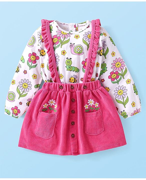 Babyhug Single Jersey Knit Full Sleeves Top & Skirt with Floral Print & Frill Detailing - Pink & White