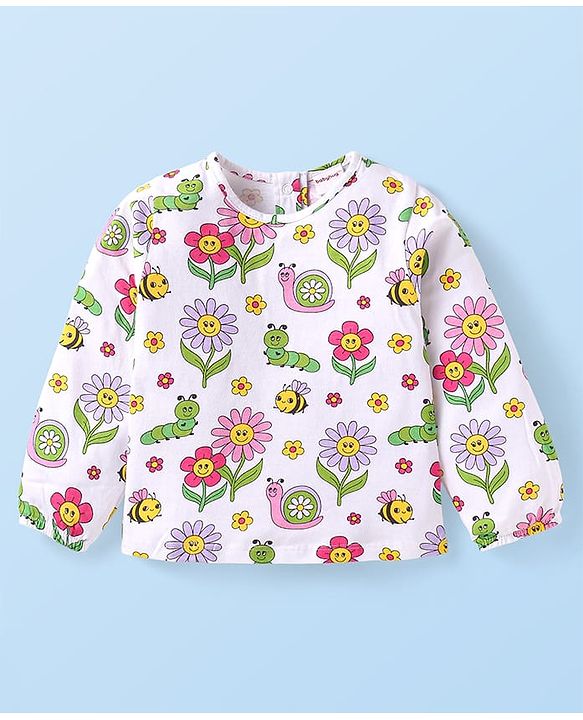Babyhug Single Jersey Knit Full Sleeves Top & Skirt with Floral Print & Frill Detailing - Pink & White