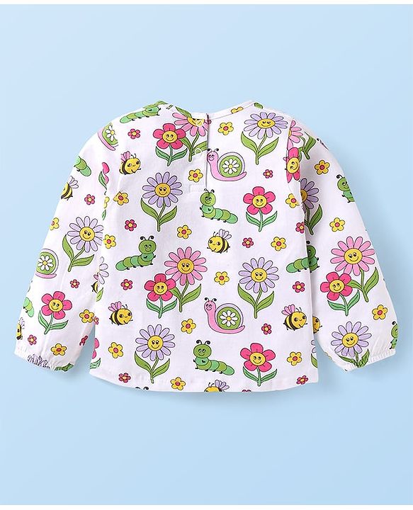 Babyhug Single Jersey Knit Full Sleeves Top & Skirt with Floral Print & Frill Detailing - Pink & White
