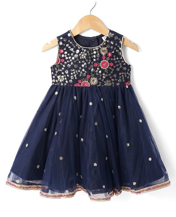 Babyhug Woven Sleeveless Net Embroidered Ethnic Dress With Sequin Detailing - Navy Blue