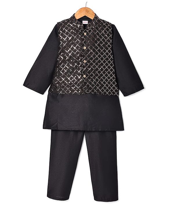 Babyhug Woven Full Sleeves Solid Colour Kurta Payjama Set with Sequinned  Embroidered Jacket - Black