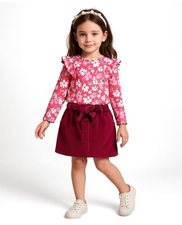 Babyhug Single Jersey Knit Full Sleeves Floral Printed Top & Mid Thigh Length Corduroy Skirt Set - Pink & Maroon