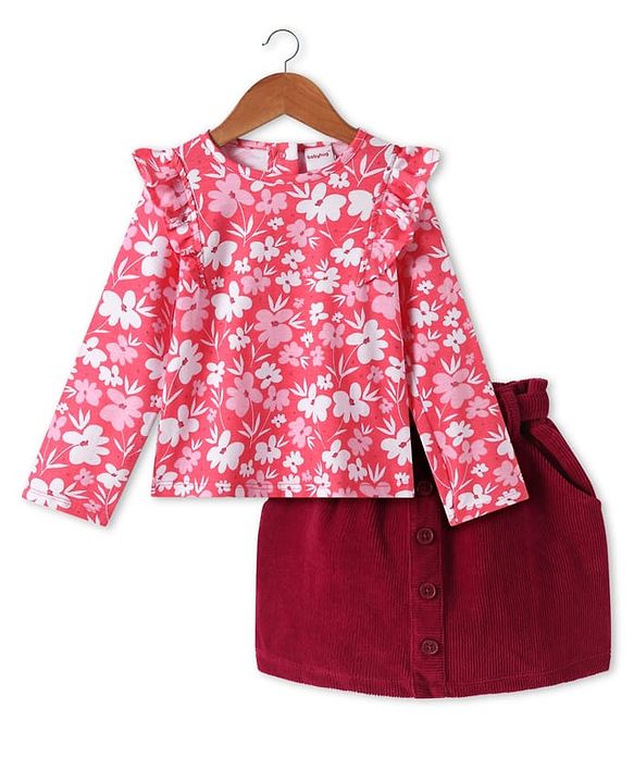 Babyhug Single Jersey Knit Full Sleeves Floral Printed Top & Mid Thigh Length Corduroy Skirt Set - Pink & Maroon
