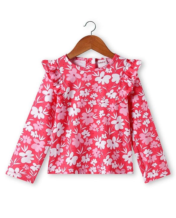 Babyhug Single Jersey Knit Full Sleeves Floral Printed Top & Mid Thigh Length Corduroy Skirt Set - Pink & Maroon