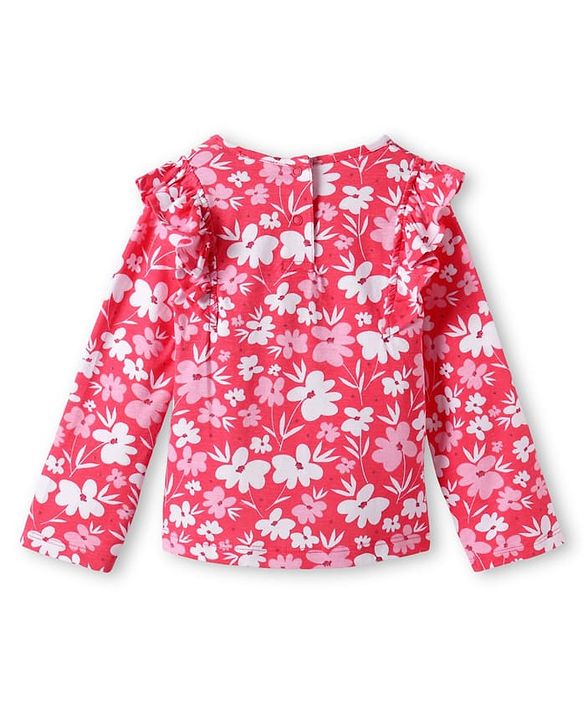 Babyhug Single Jersey Knit Full Sleeves Floral Printed Top & Mid Thigh Length Corduroy Skirt Set - Pink & Maroon