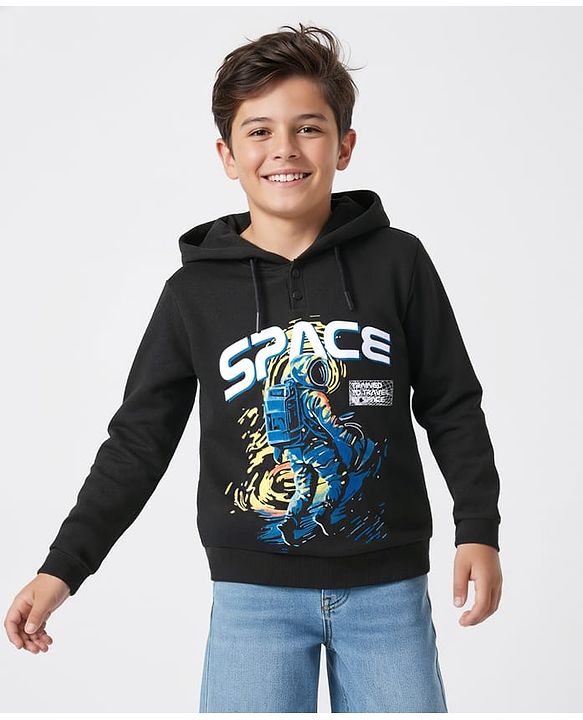 Pine Kids Cotton Knit Full Sleeves Hooded Sweatshirt with Space Theme Print - Black
