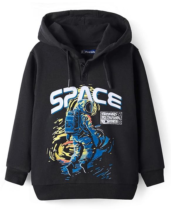 Pine Kids Cotton Knit Full Sleeves Hooded Sweatshirt with Space Theme Print - Black