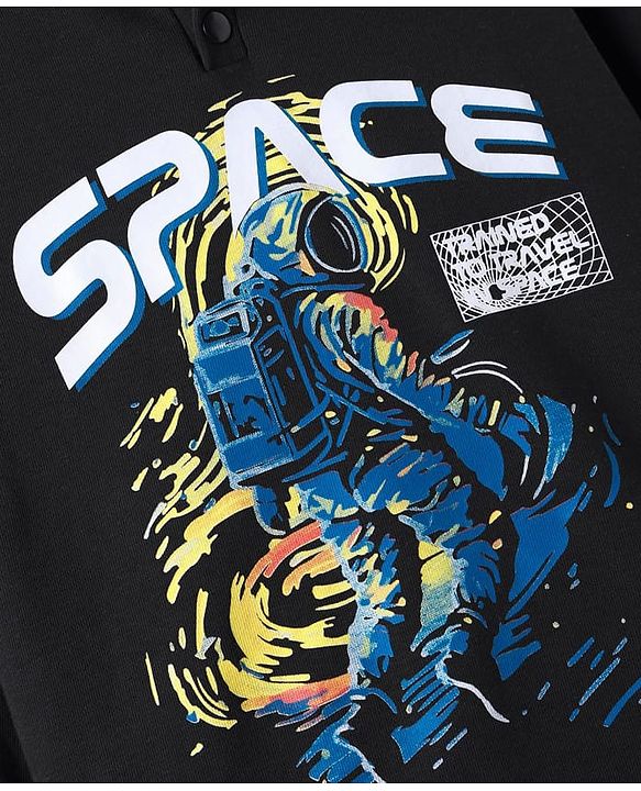 Pine Kids Cotton Knit Full Sleeves Hooded Sweatshirt with Space Theme Print - Black