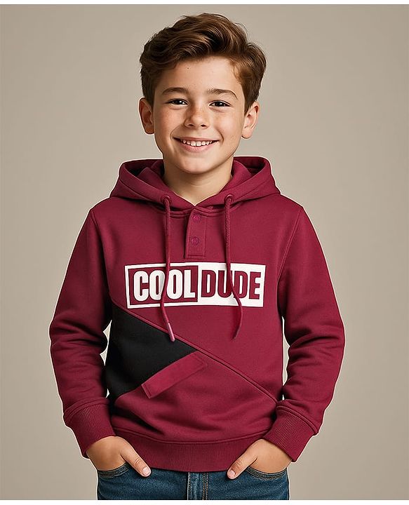 Pine Kids Cotton Knit Full Sleeves Cut & Sew Design Hooded Sweatshirt with Text Print - Maroon