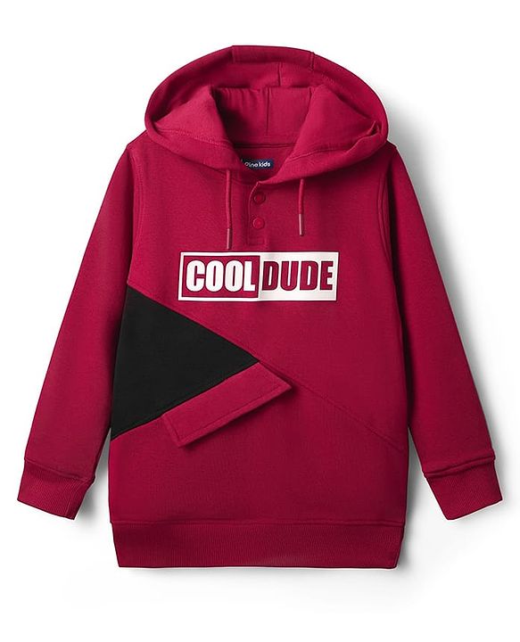 Pine Kids Cotton Knit Full Sleeves Cut & Sew Design Hooded Sweatshirt with Text Print - Maroon