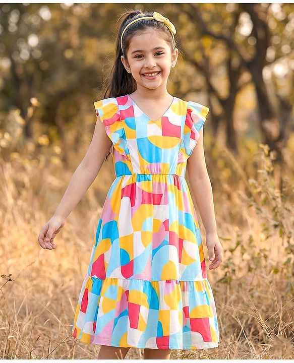 Pine Kids Viscose Woven Frill Sleeves Frock With Abstract Print - Multicolor