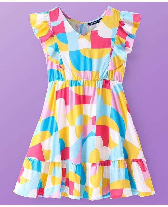 Pine Kids Viscose Woven Frill Sleeves Frock With Abstract Print - Multicolor