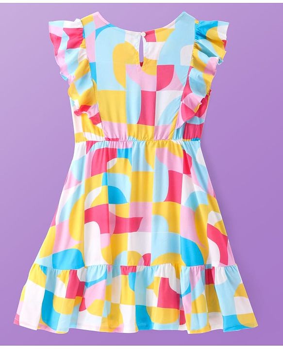 Pine Kids Viscose Woven Frill Sleeves Frock With Abstract Print - Multicolor