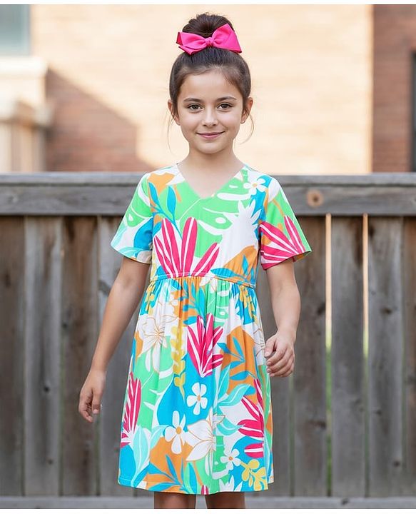 Pine Kids Viscose Woven Half Sleeves Frock With Floral Print - Multicolor