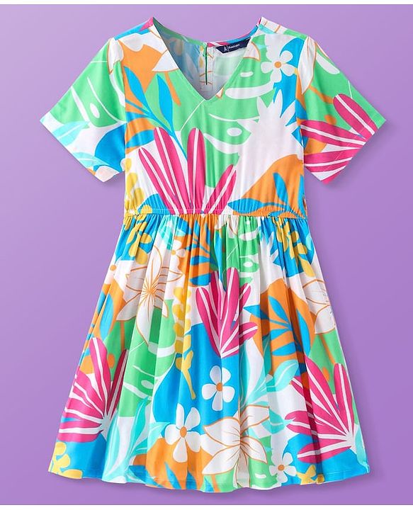 Pine Kids Viscose Woven Half Sleeves Frock With Floral Print - Multicolor