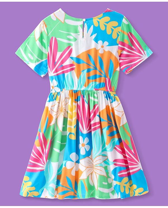 Pine Kids Viscose Woven Half Sleeves Frock With Floral Print - Multicolor