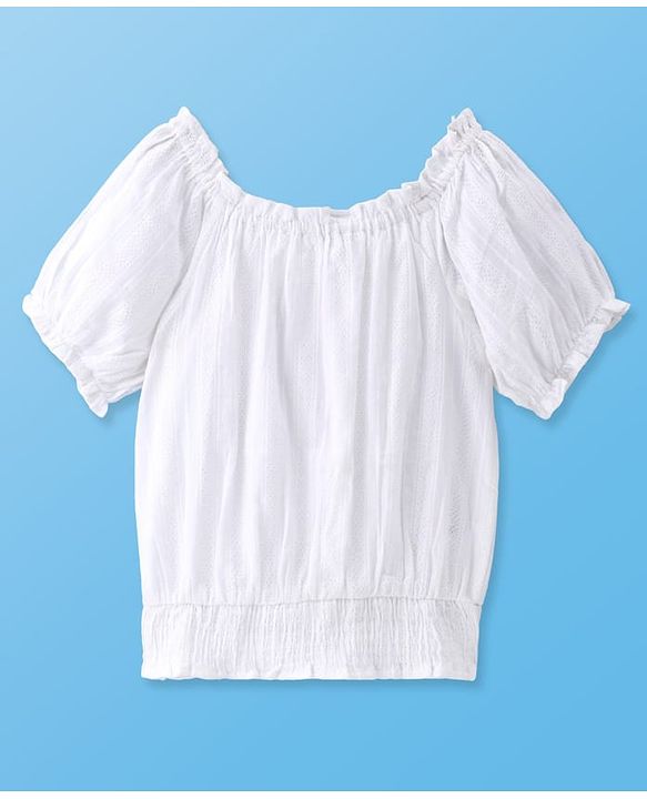 Pine Kids Cotton Woven Puffed Sleeves Smocking Embroidered Top -White