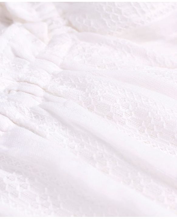 Pine Kids Cotton Woven Puffed Sleeves Smocking Embroidered Top -White