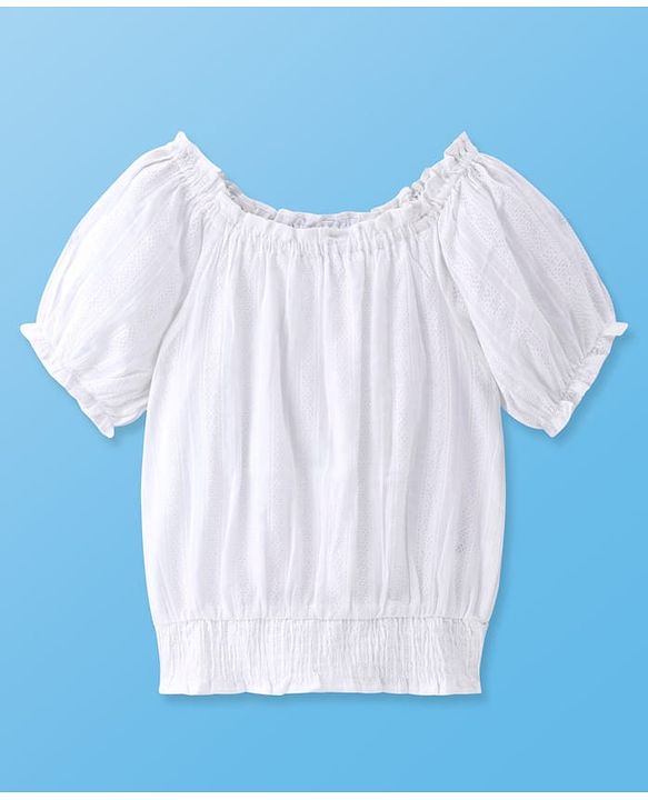 Pine Kids Cotton Woven Puffed Sleeves Smocking Embroidered Top -White