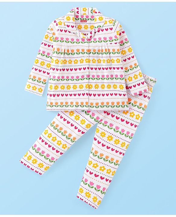 Babyhug Cotton Knit Full Sleeves Front Open Floral Printed Night Suit - White